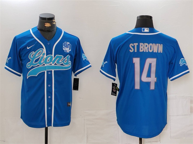 Men's Detroit Lions #14 Amon-Ra St. Brown Blue With 90th Anniversary Patch Cool Base Stitched Baseball Jersey Men's Detroit Lions #14 Amon-Ra St. Brown Blue With 90th Anniversary Patch Cool Base Stitched Baseball Jersey